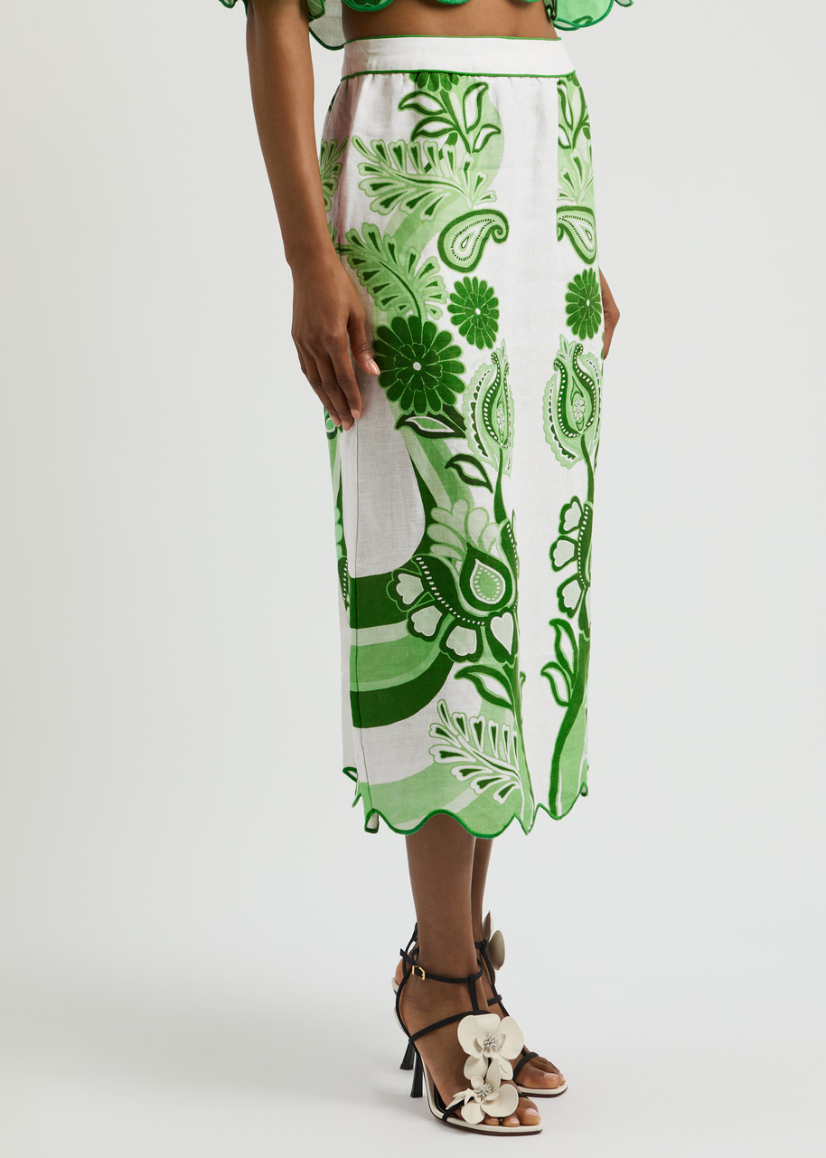 Shop Farm Rio Color Festival Printed Linen Midi Skirt In Green