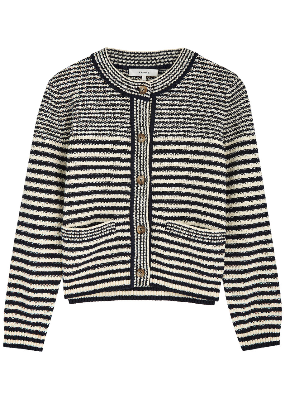 Shop Frame Stripe-intarsia Cotton-blend Cardigan In Navy