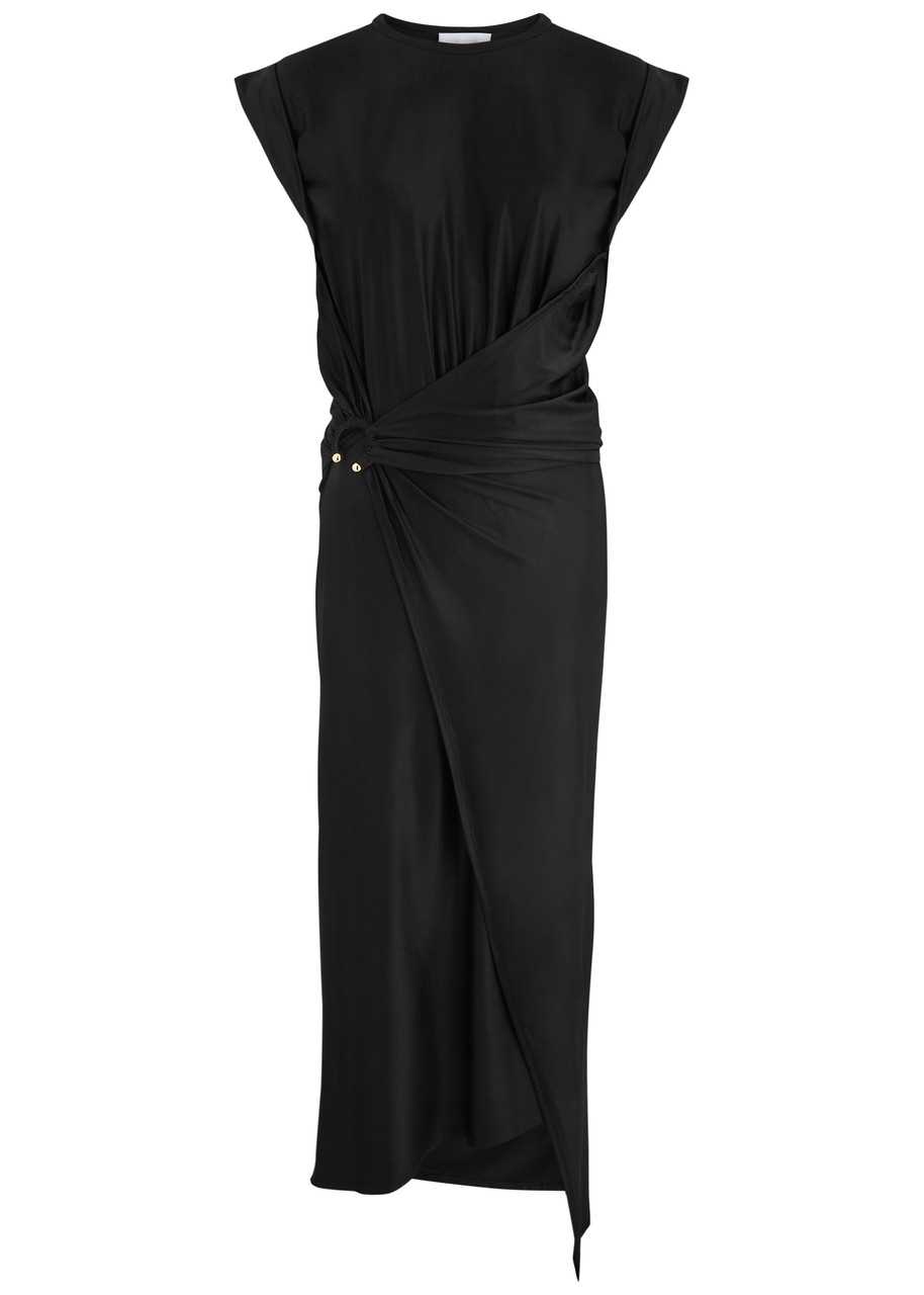 Shop Rabanne Asymmetric Satin-jersey Midi Dress In Black