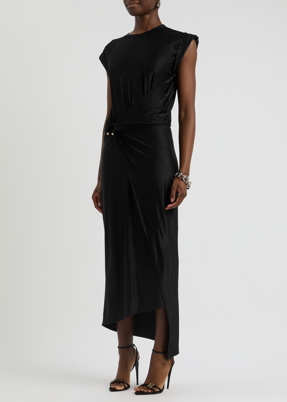 Shop Rabanne Asymmetric Satin-jersey Midi Dress In Black