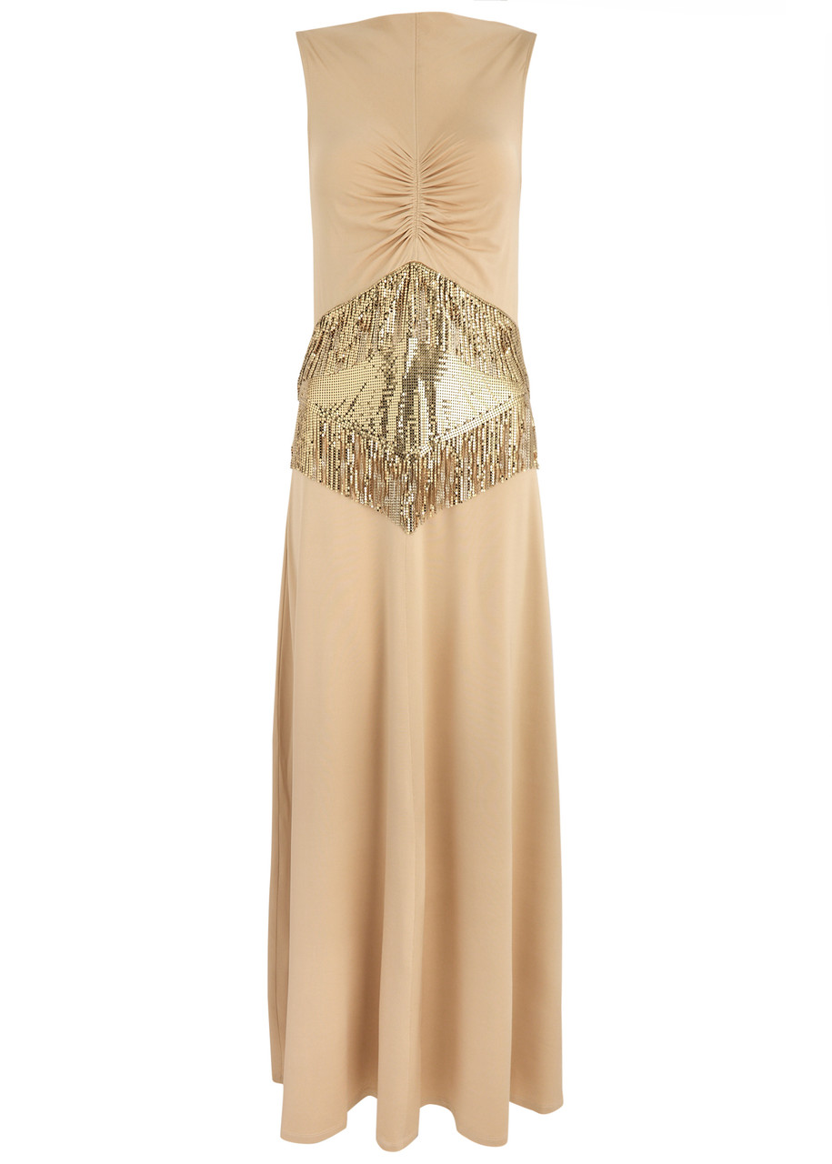 Shop Rabanne Chainmail-embellished Stretch-jersey Maxi Dress In Beige