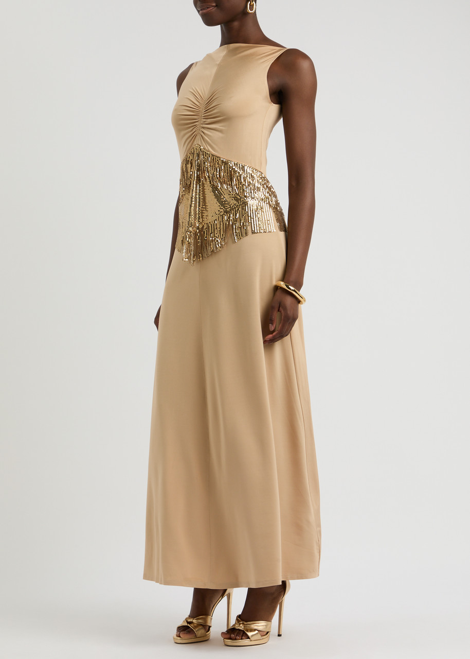 Shop Rabanne Chainmail-embellished Stretch-jersey Maxi Dress In Beige
