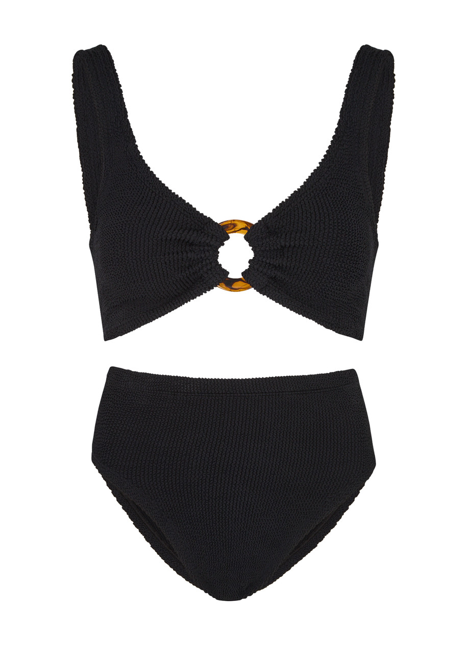 Hunza G - Nadine Seersucker Bikini, Black, One Size, Elasticated, V-neck, Ruched Detail, Low Back, Hand Wash, Hunza G Nadine Bikini Black