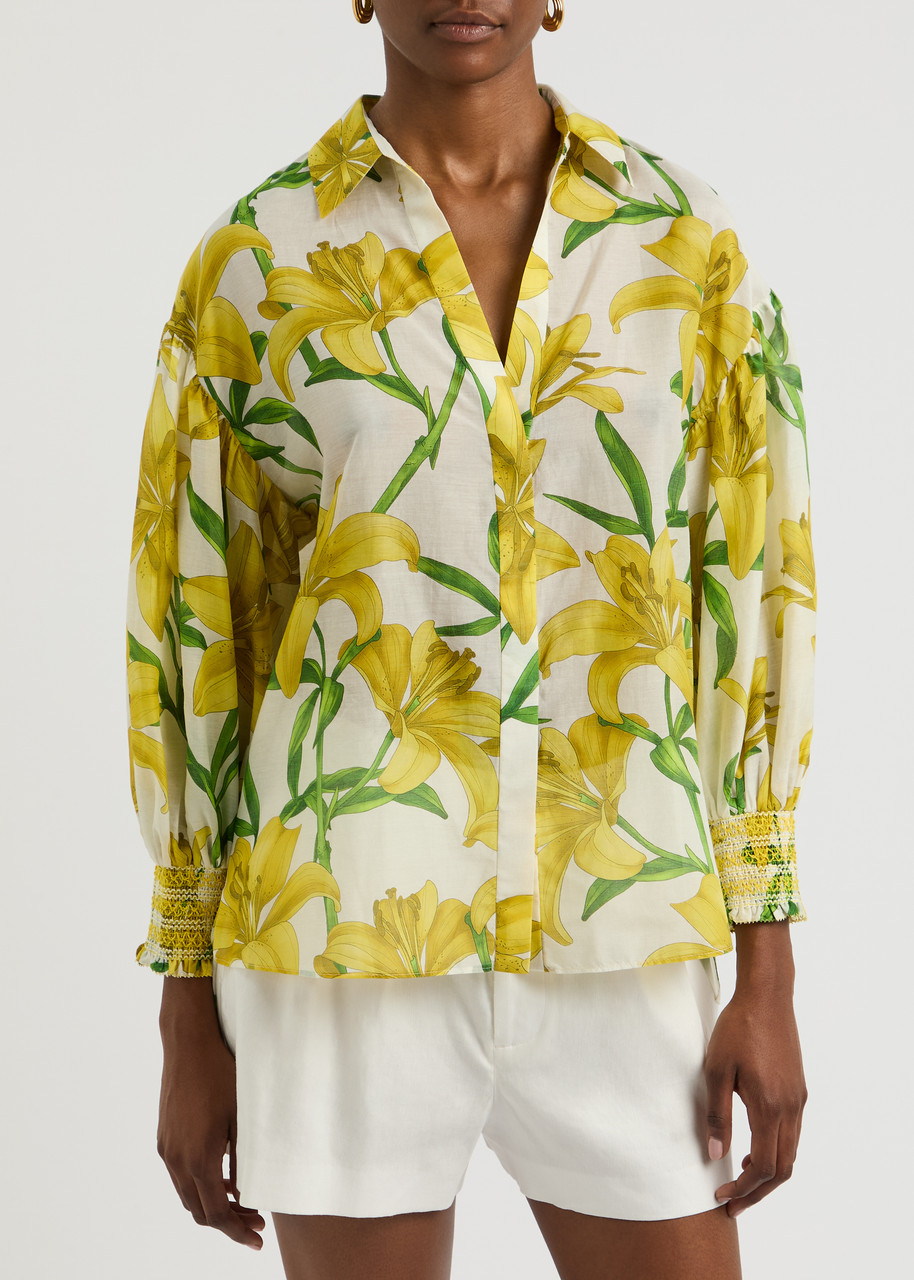 Shop Alice And Olivia Alice + Olivia Maylin Floral-print Cotton-blend Shirt In Yellow