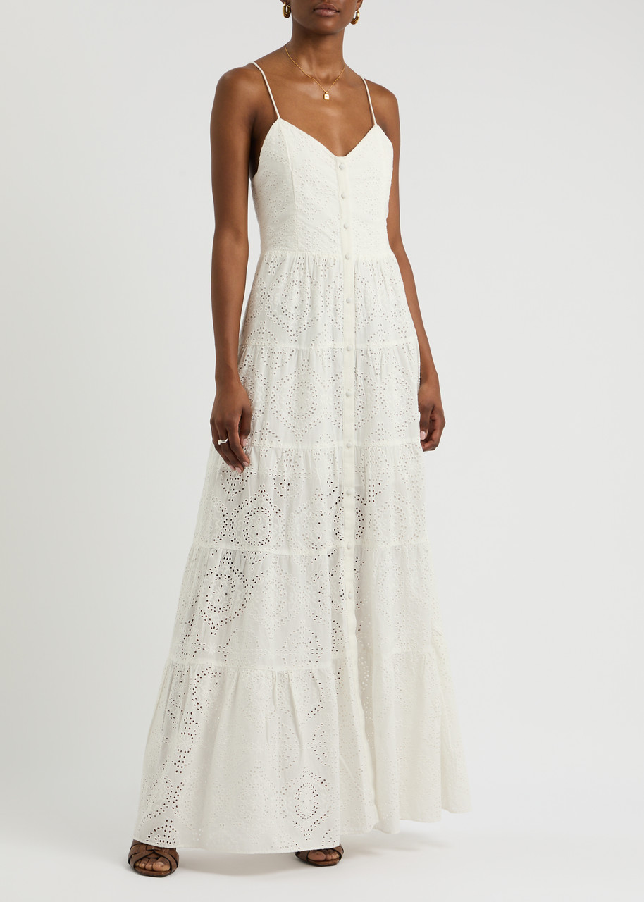 Shop Alice And Olivia Alice + Olivia Shantella Broderie Anglaise Cotton Maxi Dress In Off White