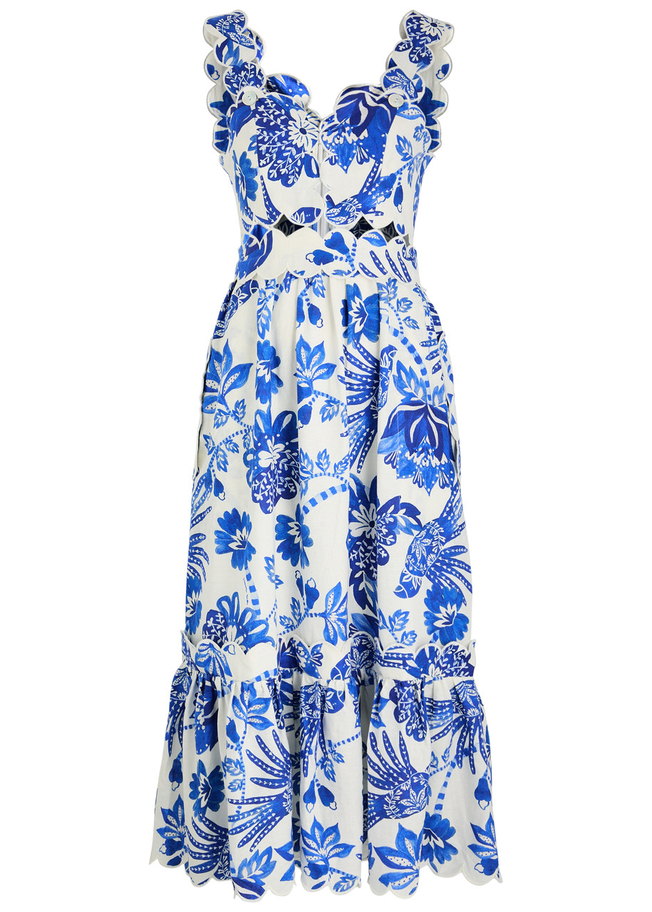Farm Rio Flowerful Birds Printed Linen-blend Midi Dress - Blue - S (UK8-10 / S)