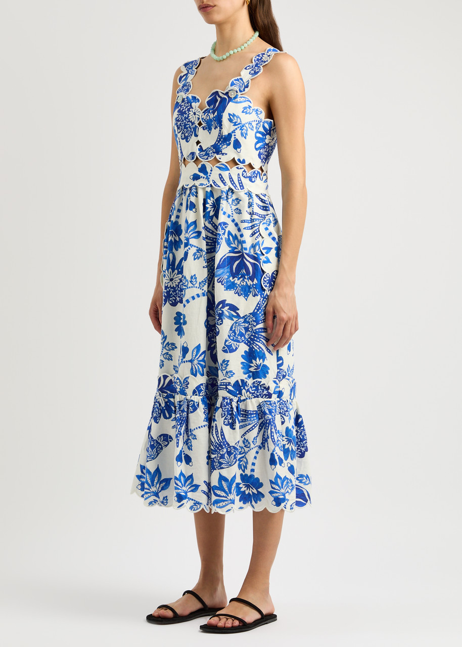 Shop Farm Rio Flowerful Birds Printed Linen-blend Midi Dress In Blue