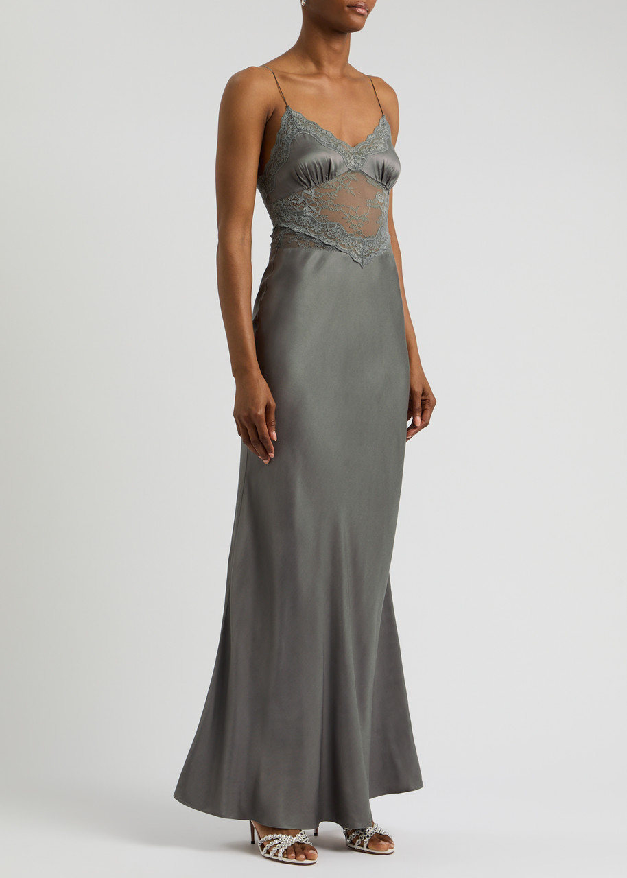 Bec & Bridge Amoras Lace-trimmed Satin Maxi Slip Dress In Grey