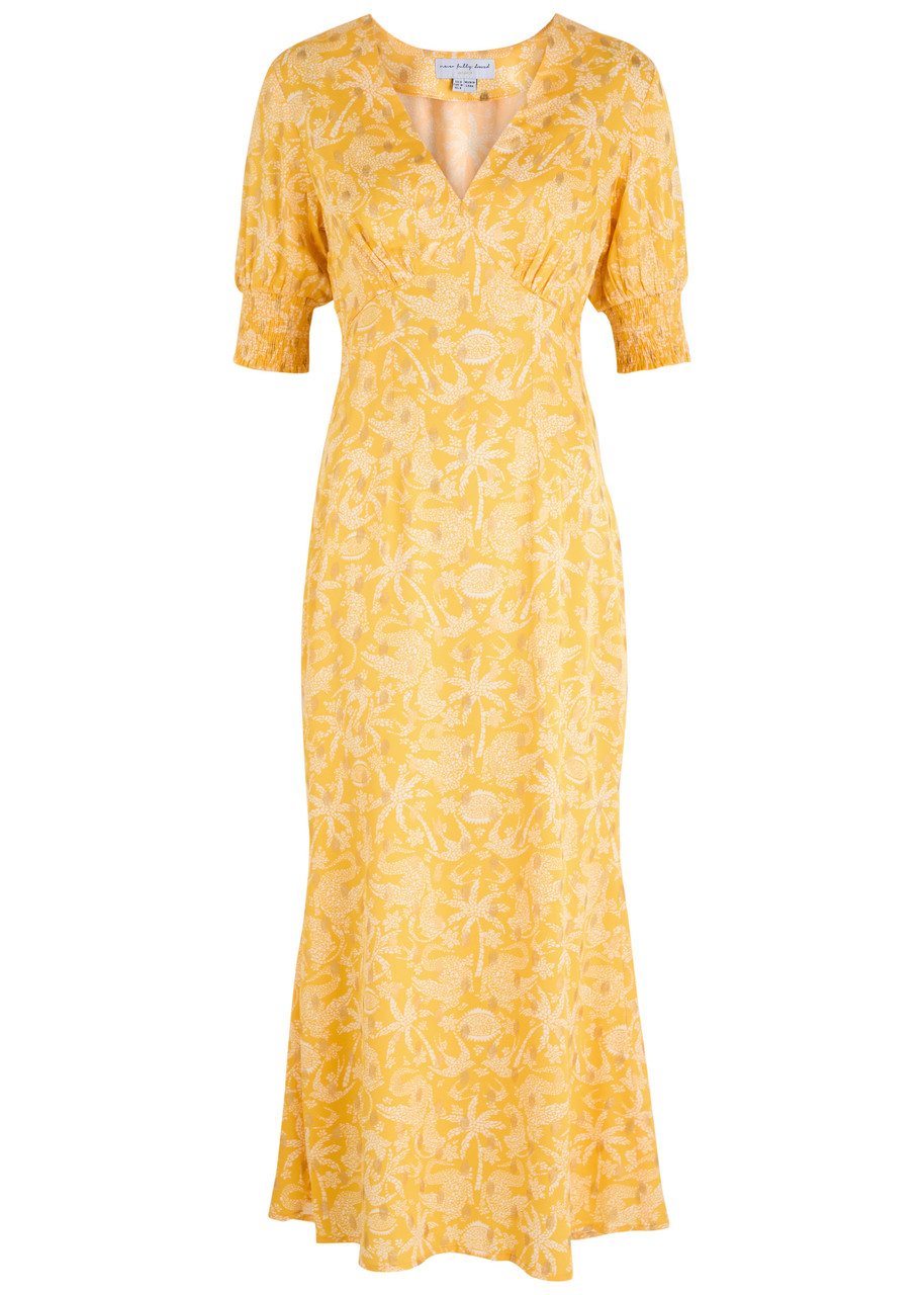 Never Fully Dressed May Printed Satin Midi Dress - Yellow