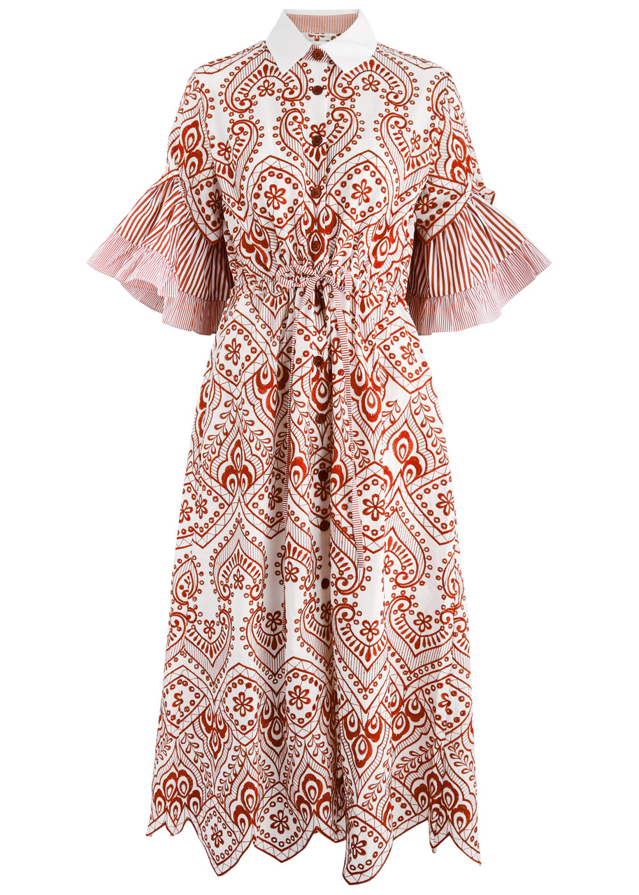 Evi Grintela Valerie Embroidered Cotton Midi Dress - Red And White - L (UK14 / L)