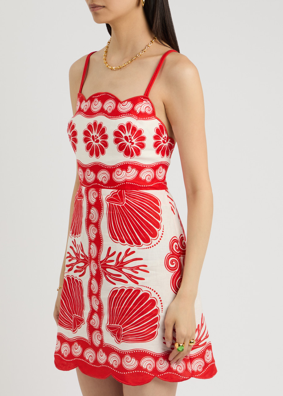 Shop Farm Rio Ainika Printed Linen Mini Dress In Red