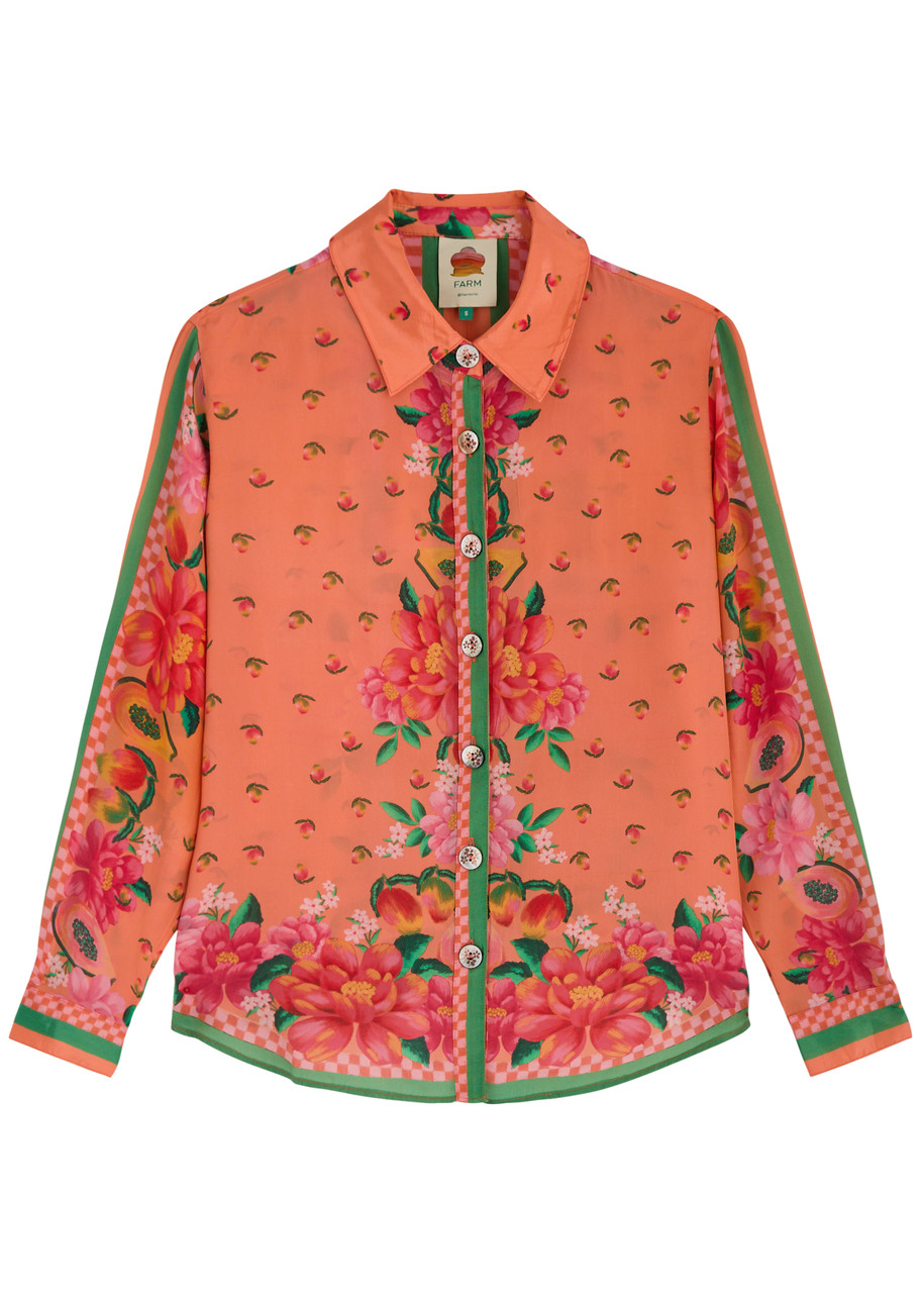 Farm Rio Fruit Garden Printed Satin Shirt In Orange