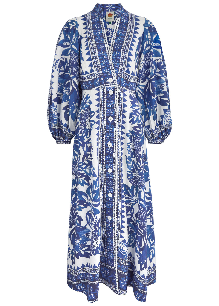 Shop Farm Rio Flora Tapestry Printed Linen-blend Maxi Dress In Blue