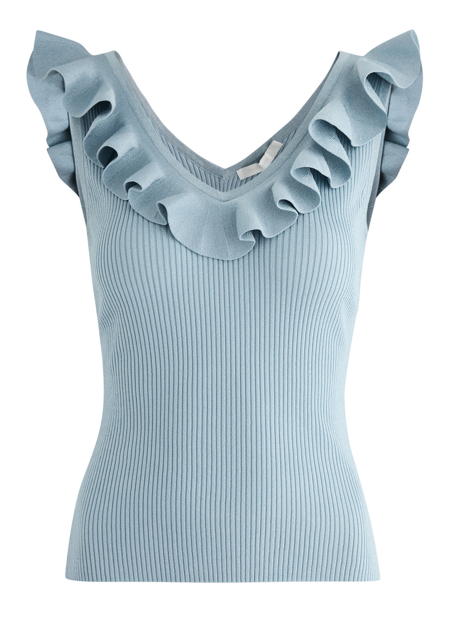 Zimmermann Waverly Ruffle-trimmed Ribbed-knit Top In Blue