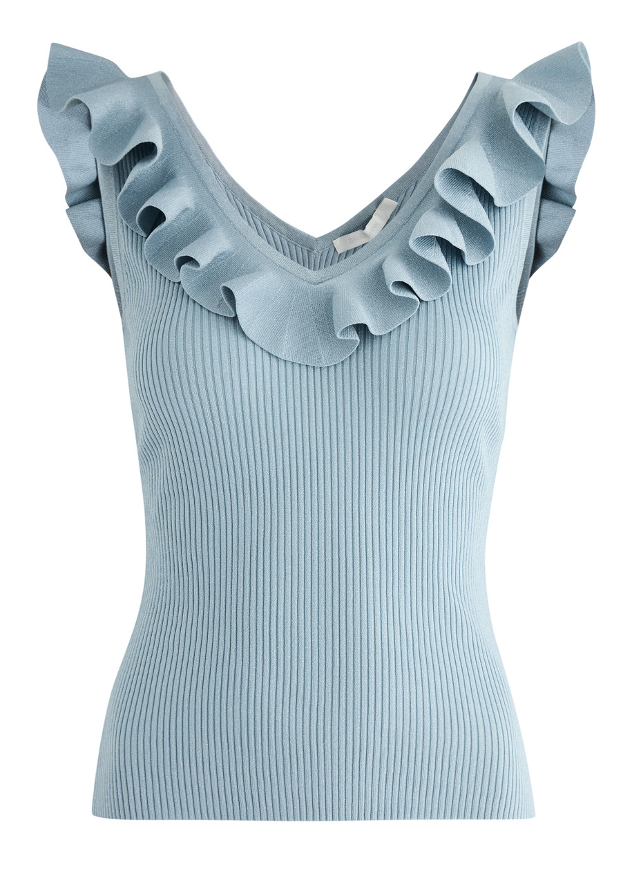 Zimmermann Waverly Ruffle-trimmed Ribbed-knit top - Blue - 0 (UK 8 / S)