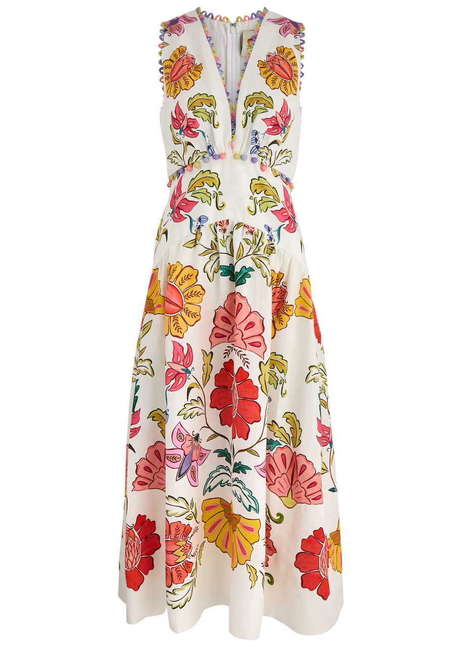 Farm Rio Floral Insects Printed Linen Midi Dress - White - XS (UK6 / XS) - XS (UK6 /xs)
