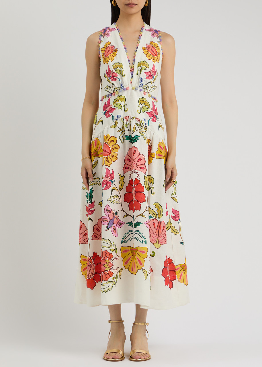 Shop Farm Rio Floral Insects Printed Linen Midi Dress In White