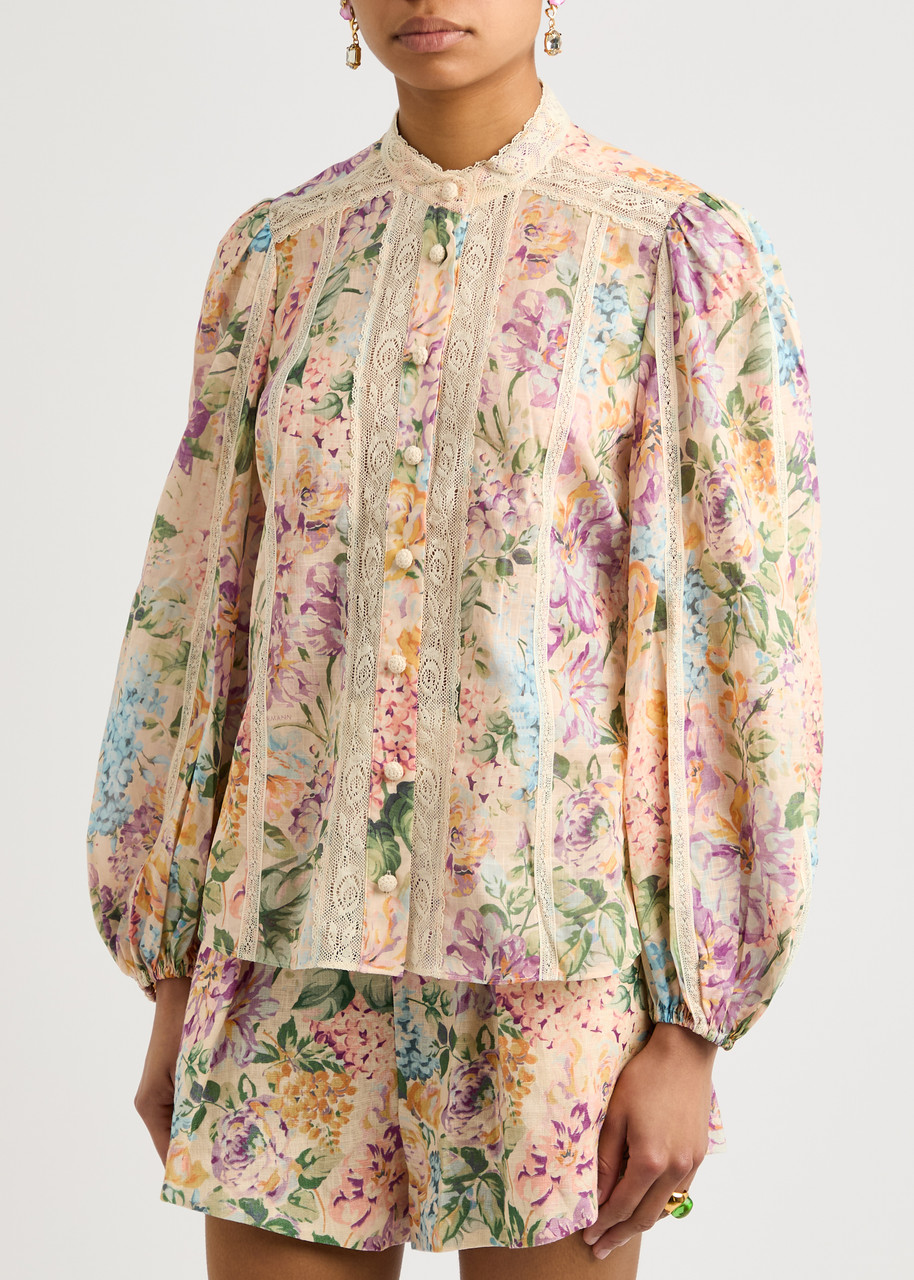 Shop Zimmermann Halliday Lace-panelled Floral-print Cotton Shirt In Multi Floral