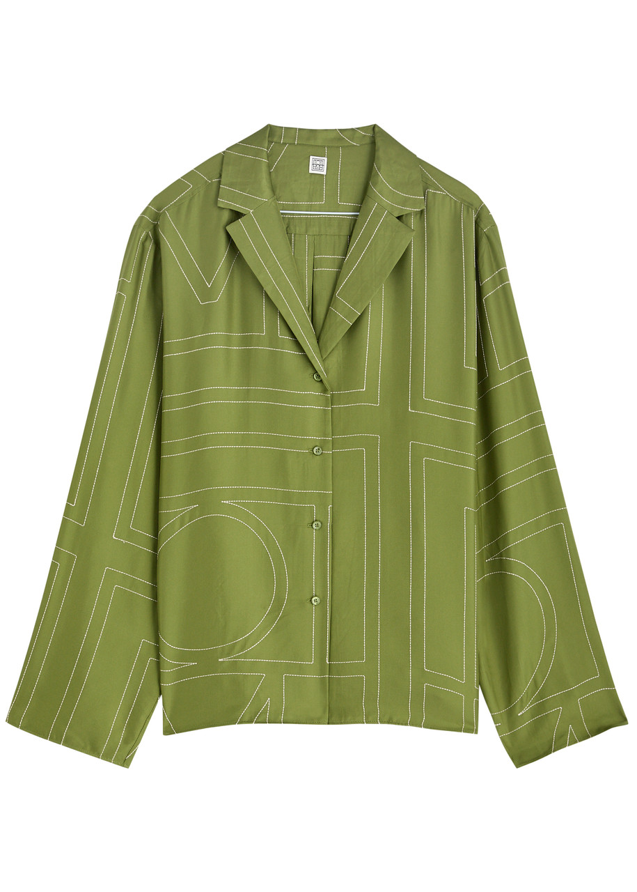 Toteme Logo-embroidered Silk-satin Shirt - Green - 40 (UK12 / M)