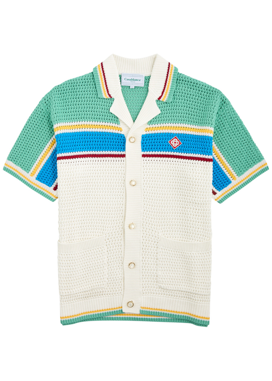 Shop Casablanca Tennis Club Striped Crochet-knit Shirt In White And Blue