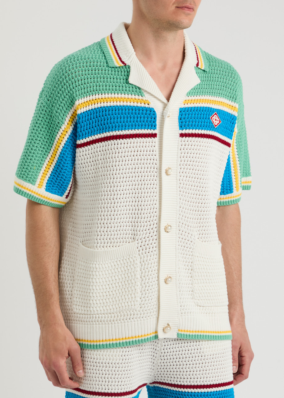 Shop Casablanca Tennis Club Striped Crochet-knit Shirt In White And Blue