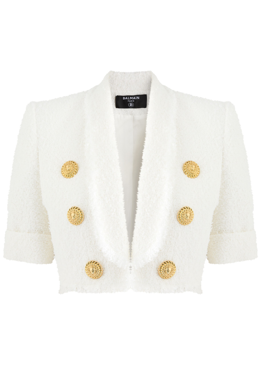 Balmain Spencer Tweed 6-button Short-sleeve Jacket In White