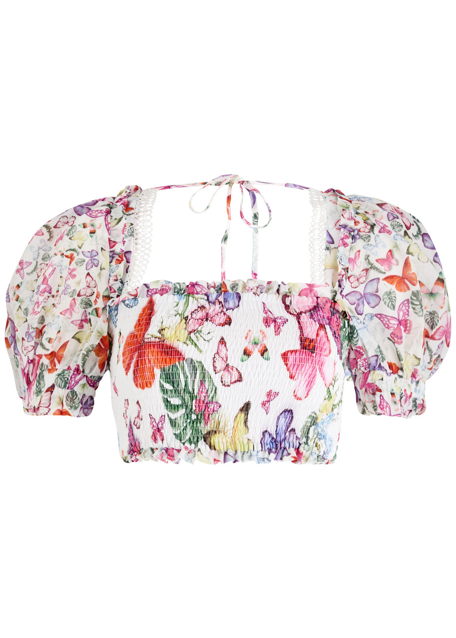 Charo Ruiz Ibiza Lirio Printed Cropped Cotton-blend top - White - M (UK12 / M)