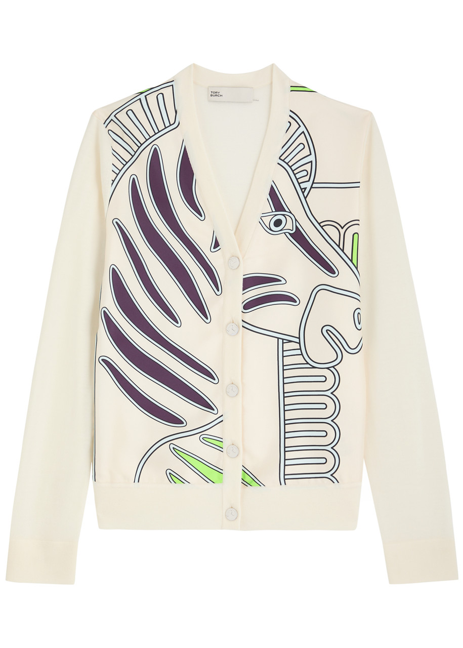 Tory Burch Printed Silk And Wool Cardigan In Multicoloured