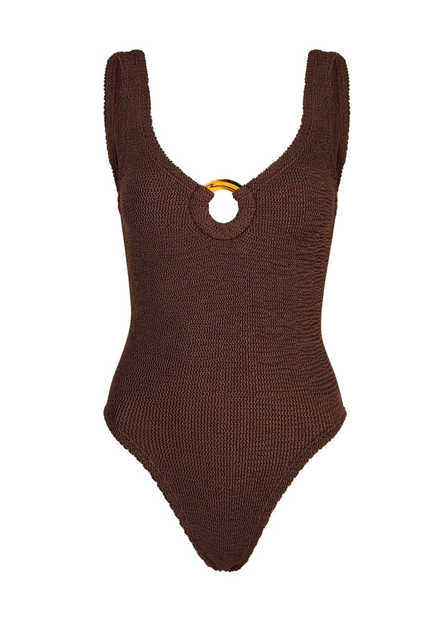 Hunza G - Celine Cut-out Seersucker Swimsuit, Chocolate, One Size, V-neck, Cut-out Ring Detail, Machine Wash, Hunza G Brown Swimsuit