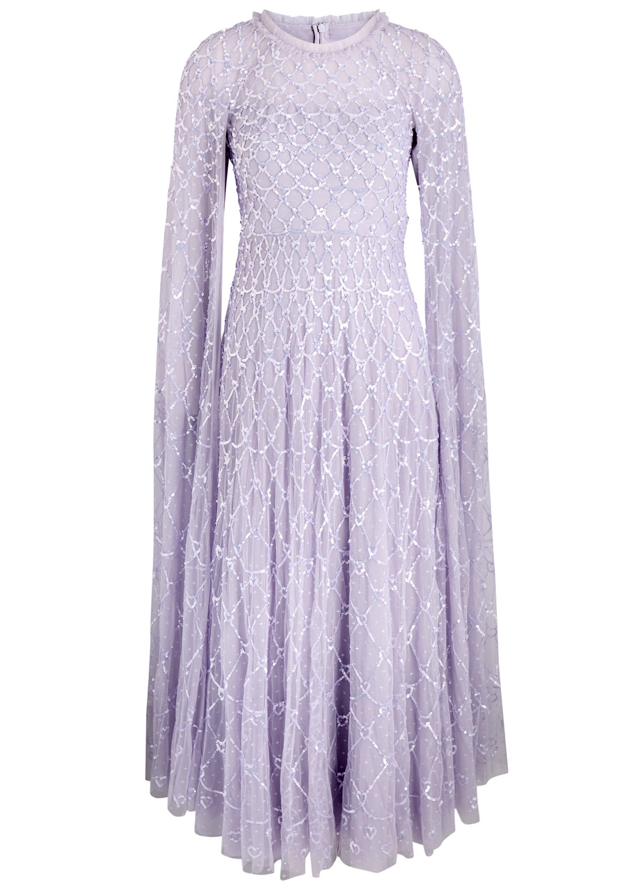 Needle & Thread Heart Lattice Embellished Cape-effect Gown In Lilac