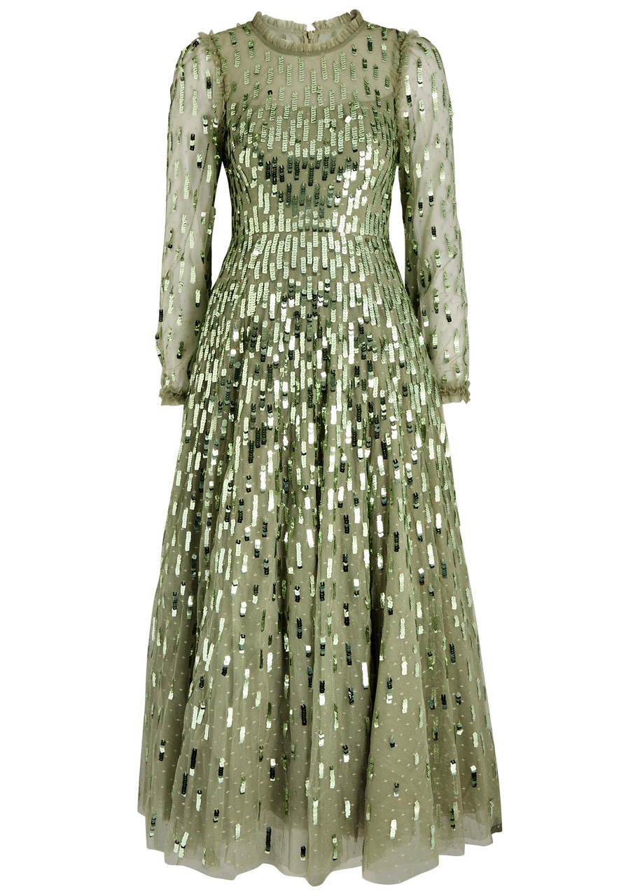 Needle & Thread Sequin-embellished Long-sleeve Gown In Olive
