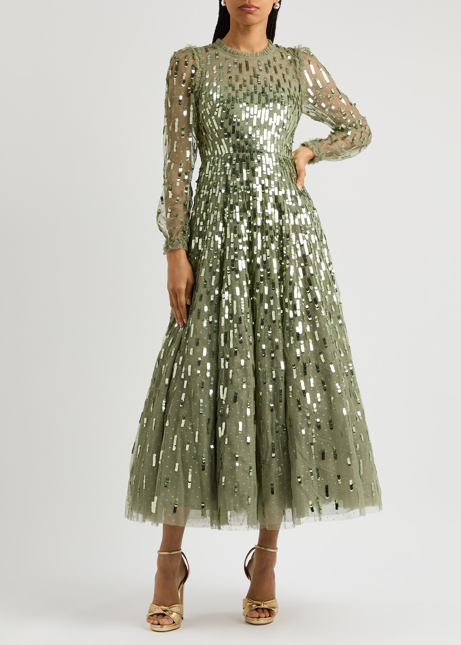 Needle & Thread Sequin-embellished Long-sleeve Gown In Olive