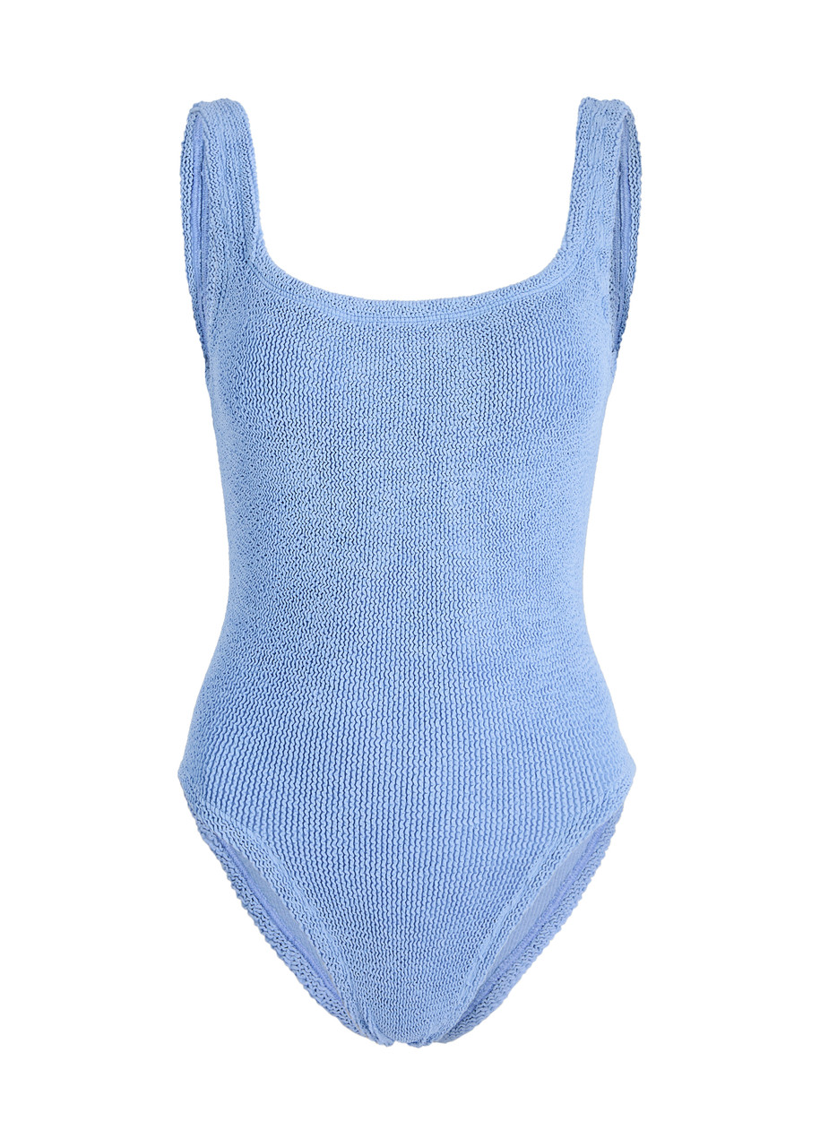 Hunza G - Seersucker Swimsuit, Light Blue 2, One Size, Square Neck, Low Back, Hand Wash, Hunza G Blue Swimsuit