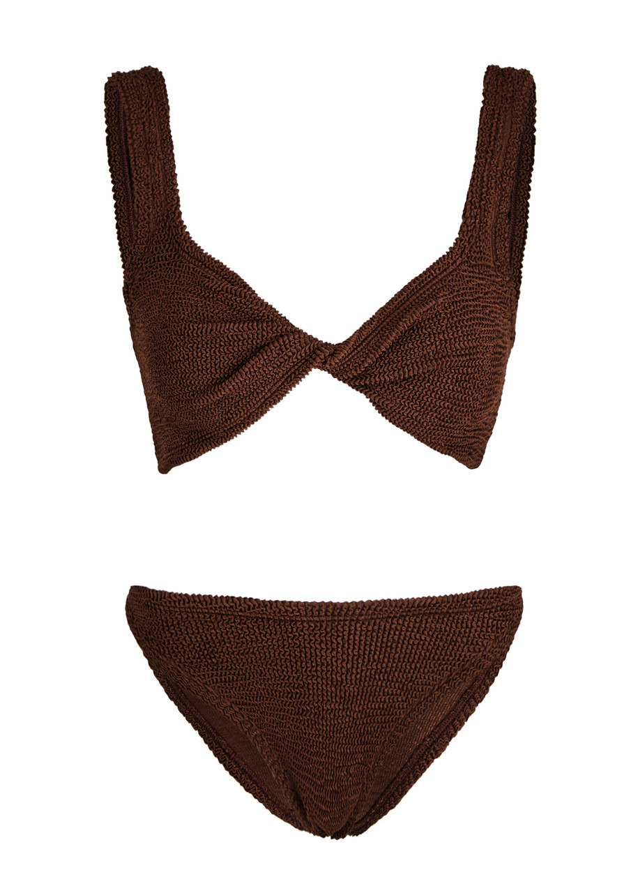 Hunza G - Juno Seersucker Bikini, Chocolate, One Size, Twisted Detail At Front, Elasticated, Machine Wash, Hunza Juno Bikini