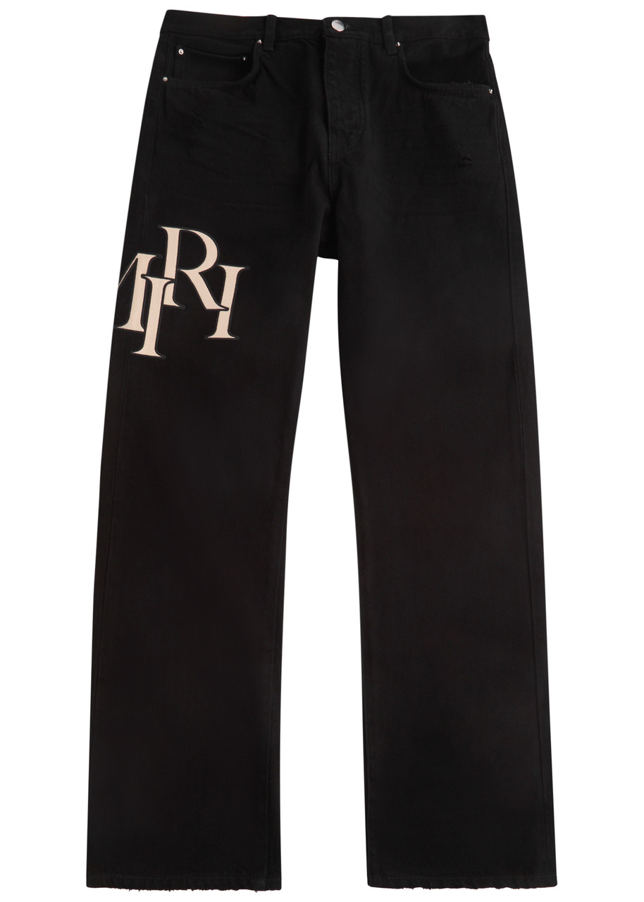 Amiri Staggered Logo Nonstretch Denim Straight Leg Jeans In Black