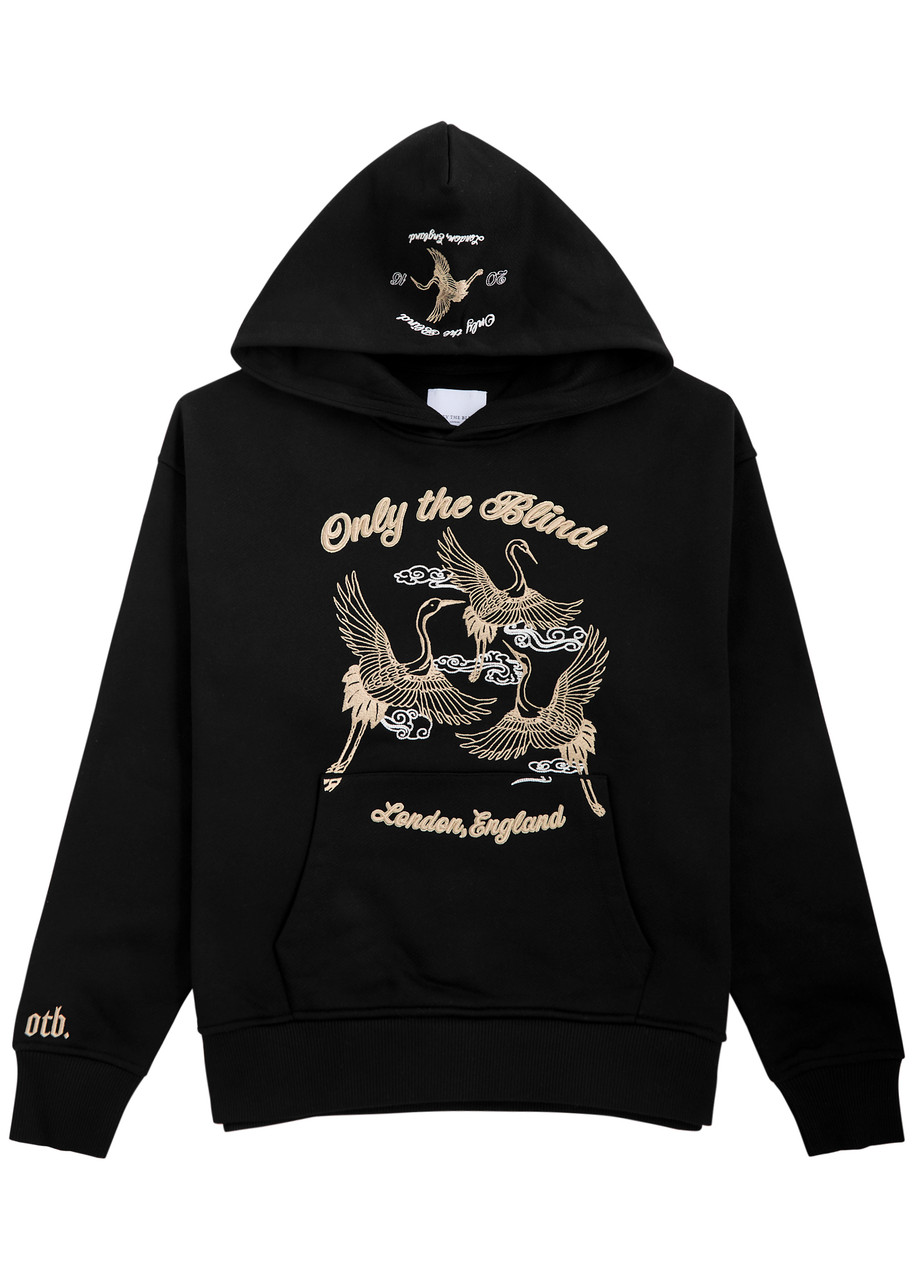 Only The Blind Crane Embroidered Hooded Cotton Sweatshirt In Black