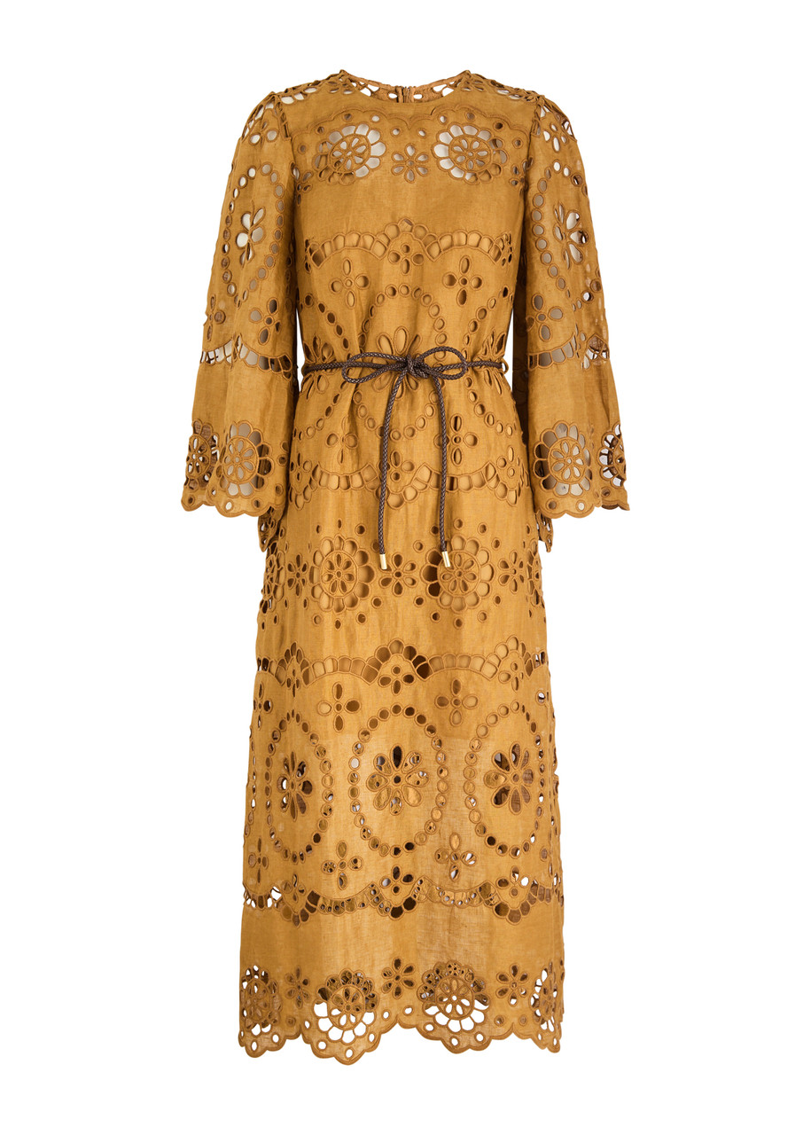 Zimmermann Pop Embroidered Linen Midi Dress In Tan