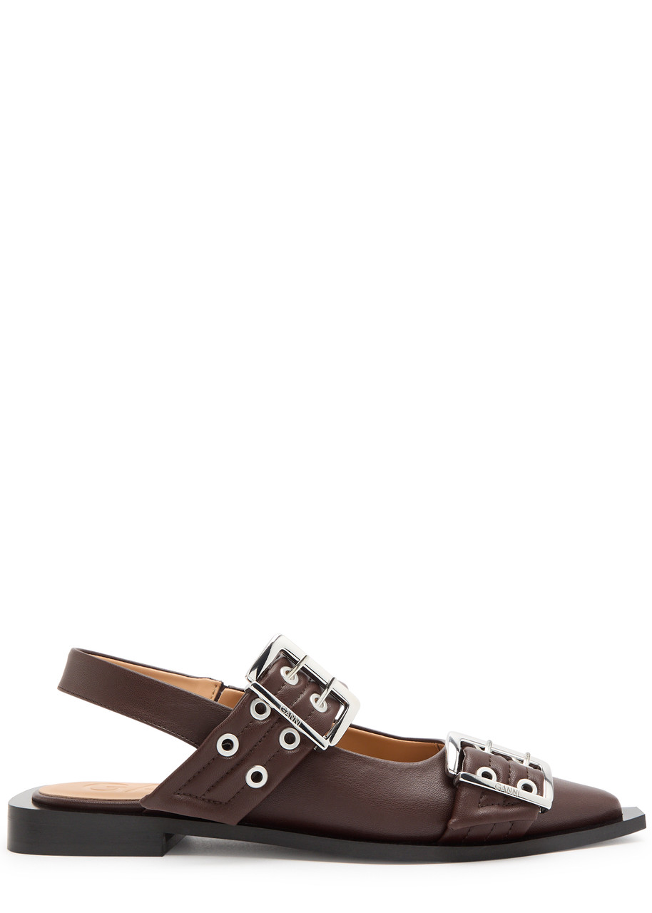 Ganni Buckle Ballerina Leather Slingback Flats In Brown