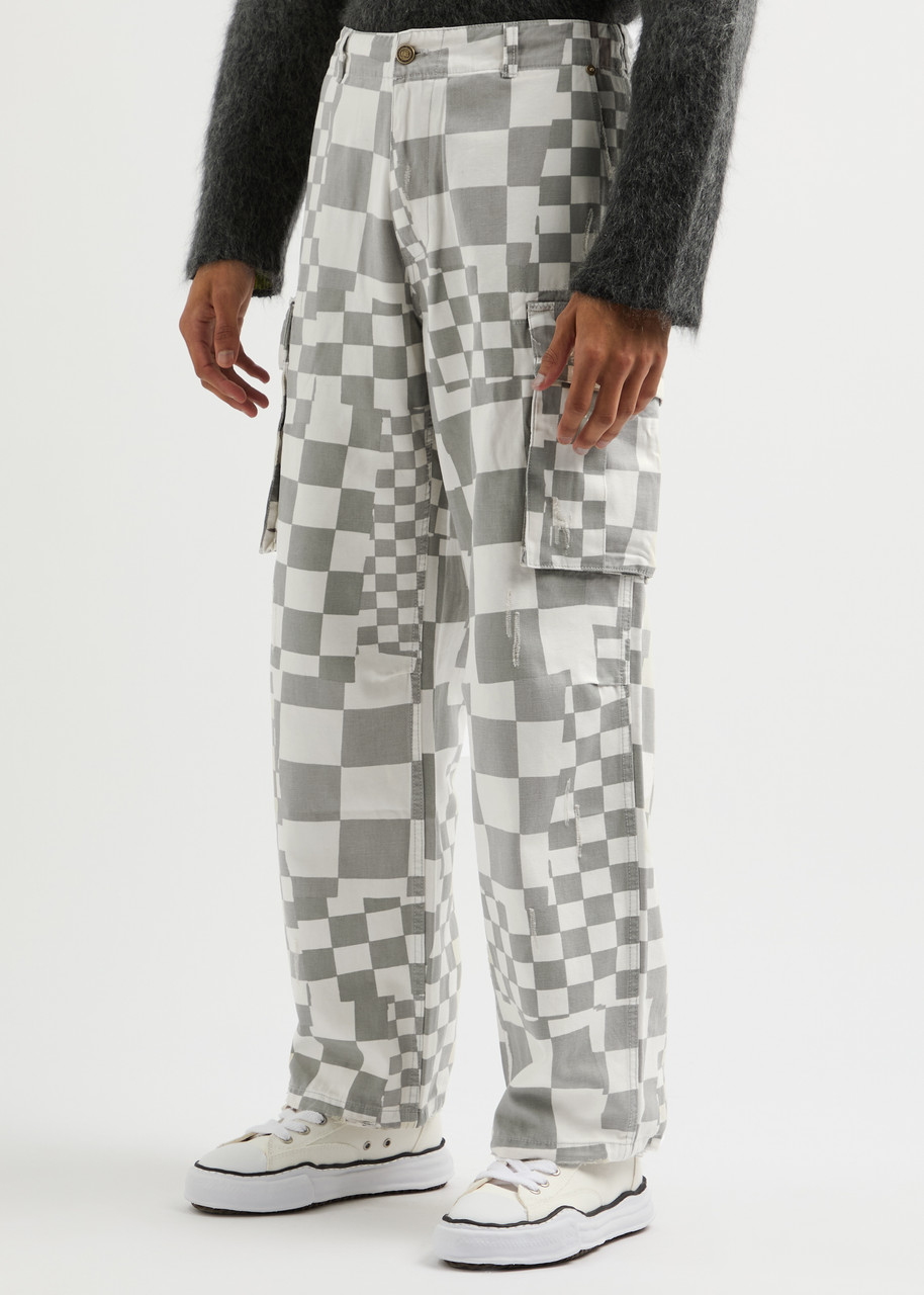 Shop Erl Checked Straight-leg Cargo Trousers In Grey