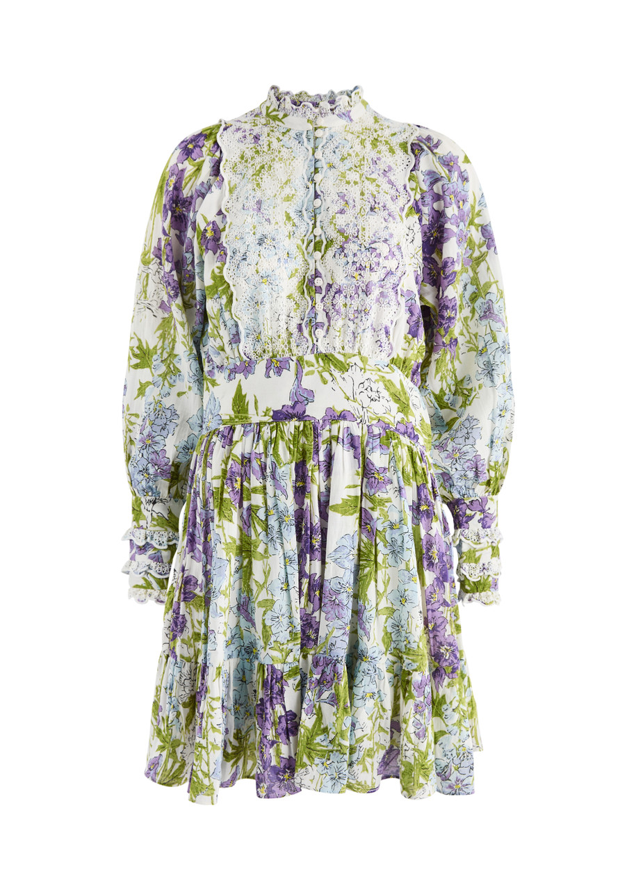 Bytimo Floral-print Embroidered Cotton-blend Mini Dress - White/green- S