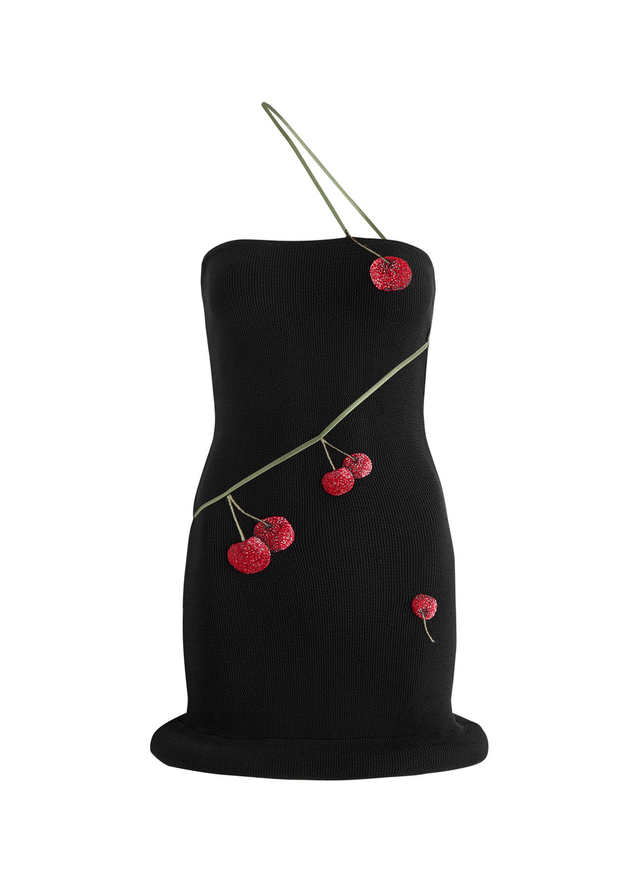 Leslie Amon Cherry-embellished Seersucker Mini Dress In Black