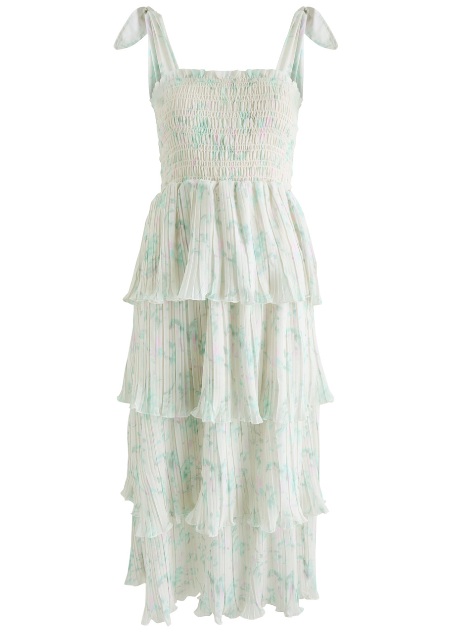 Ganni Printed Plissé Georgette Midi Dress - Beige