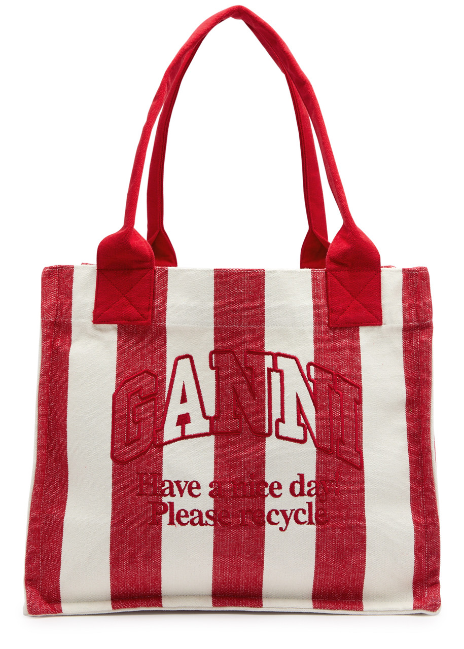 Ganni Easy Shopper Large Striped Canvas Tote In Red