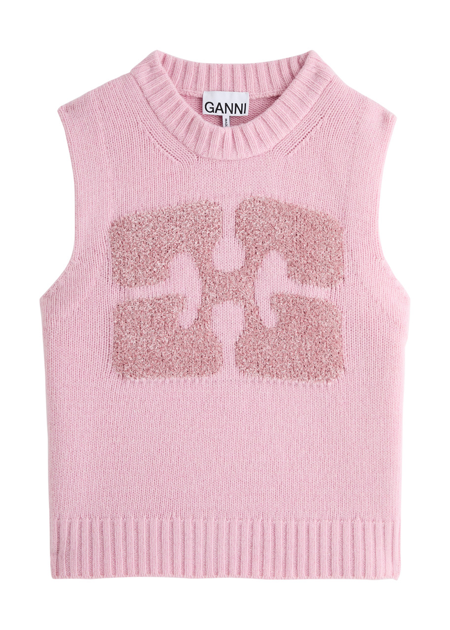 Shop Ganni Logo-intarsia Wool-blend Vest In Pink