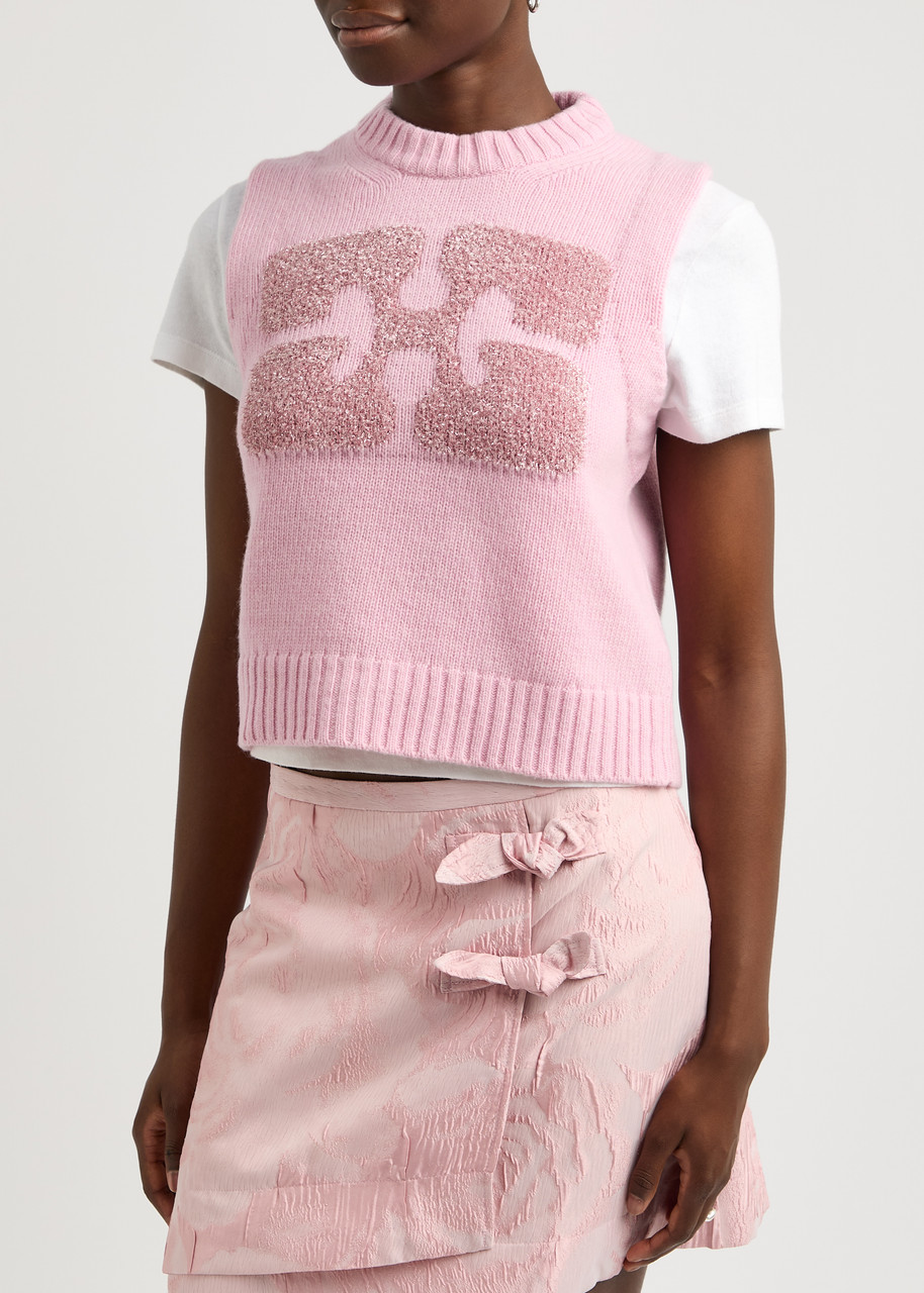 Shop Ganni Logo-intarsia Wool-blend Vest In Pink