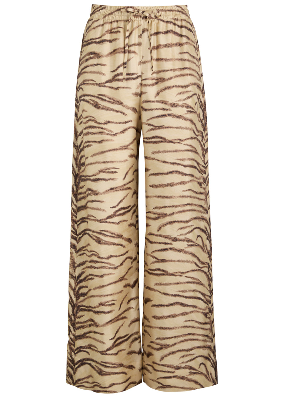 Stella Mccartney Tiger-print Silk-satin Trousers In Natural