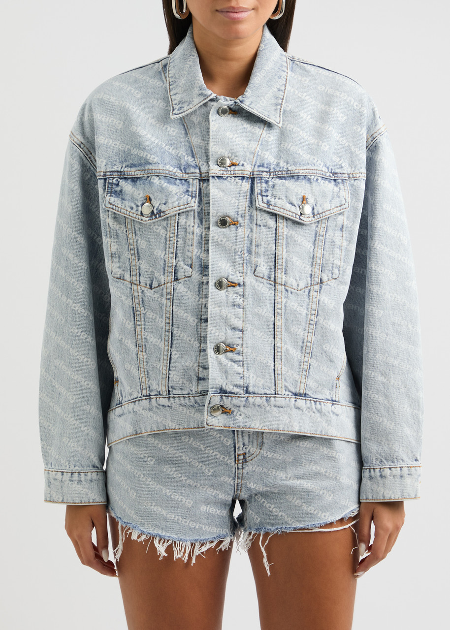  Alexanderwang.t Logo-print Bleached Denim Jacket - Light Blue - L (uk14 / L) 