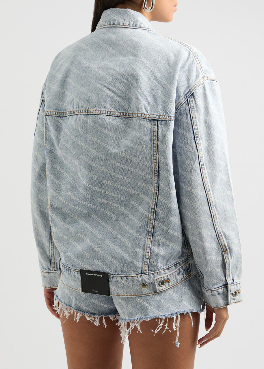  Alexanderwang.t Logo-print Bleached Denim Jacket - Light Blue - L (uk14 / L) 