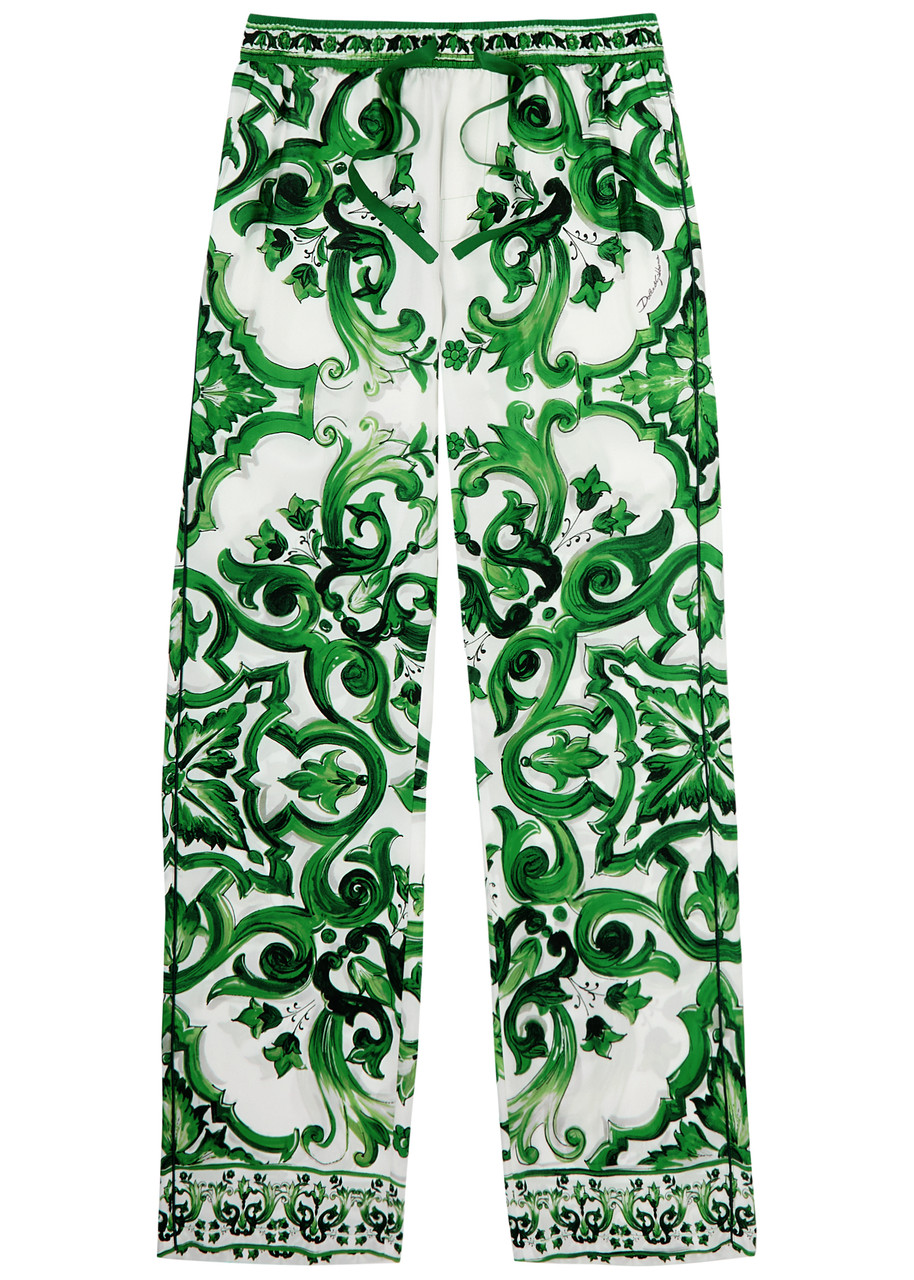 Dolce & Gabbana Silk Twill Jogging Pants With Majolica Print In Green
