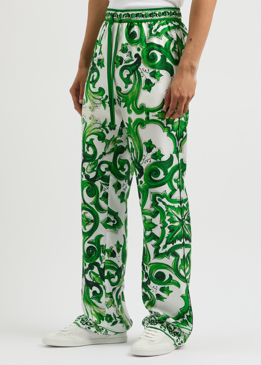 Dolce & Gabbana Silk Twill Jogging Pants With Majolica Print In Green
